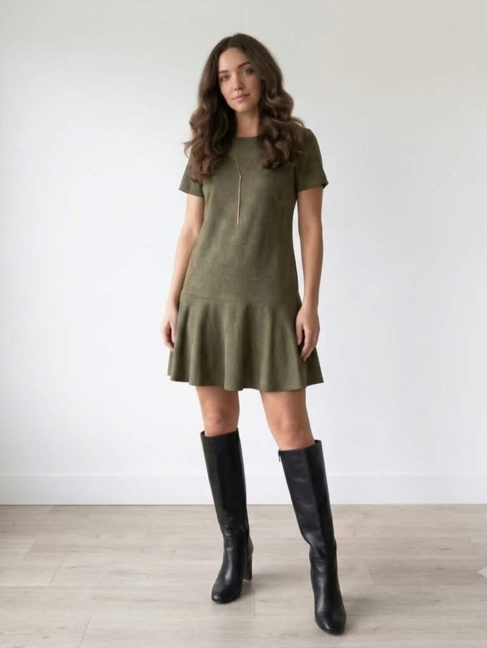 Glam LA Olive Green Faux Suede Drop Waist Flounce Dress M